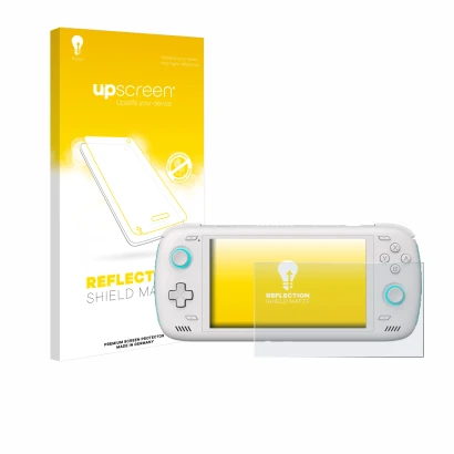 Parte frontal de un envase de producto con el logotipo de la marca upscreen. Al lado se muestra el dispositivo AYN Odin 2 con
