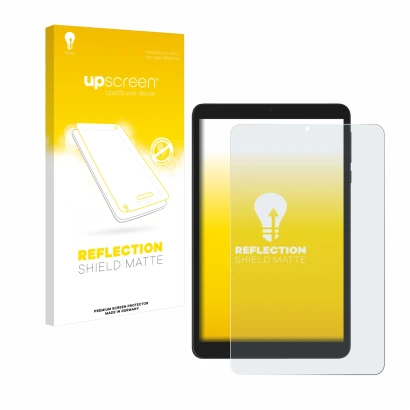 Parte frontal de un envase de producto con el logotipo de la marca upscreen. Al lado se muestra el dispositivo Doogee T20 Mini