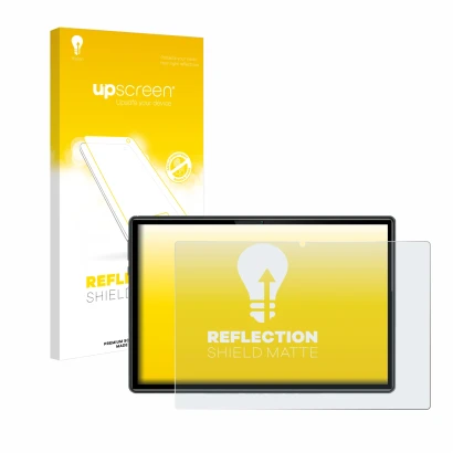 Parte frontal de un envase de producto con el logotipo de la marca upscreen. Al lado se muestra el dispositivo Doogee U10 con 