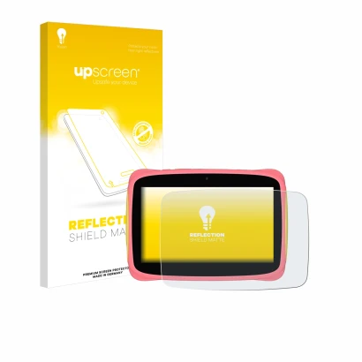 Parte frontal de un envase de producto con el logotipo de la marca upscreen. Al lado se muestra el dispositivo Blackview Tab 3