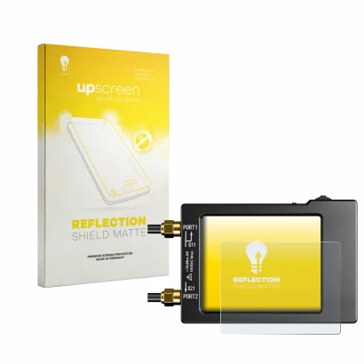 Parte frontal de un envase de producto con el logotipo de la marca upscreen. Al lado se muestra el dispositivo NanoVNA H (hand