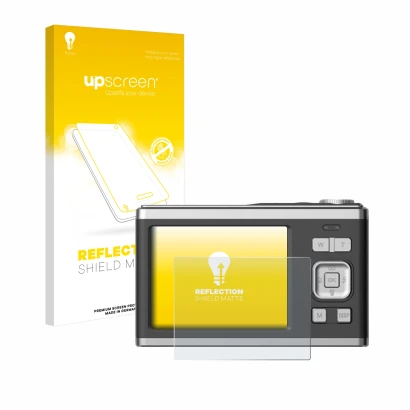 Parte frontal de un envase de producto con el logotipo de la marca upscreen. Al lado se muestra el dispositivo Rollei Compactl