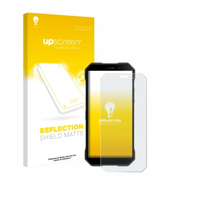 Parte frontal de un envase de producto con el logotipo de la marca upscreen. Al lado se muestra el dispositivo Doogee S61 Pro 