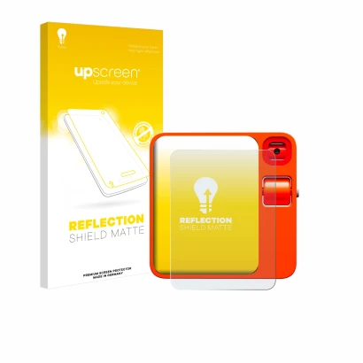 Parte frontal de un envase de producto con el logotipo de la marca upscreen. Al lado se muestra el dispositivo rabbit r1 con s