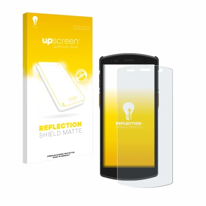 Parte frontal de un envase de producto con el logotipo de la marca upscreen. Al lado se muestra el dispositivo Urovo CT58 con