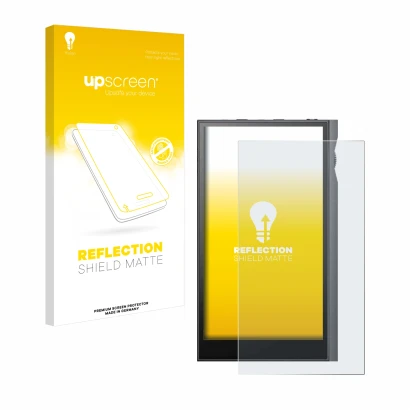 Parte frontal de un envase de producto con el logotipo de la marca upscreen. Al lado se muestra el dispositivo Astell&Kern Kan