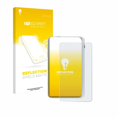 Parte frontal de un envase de producto con el logotipo de la marca upscreen. Al lado se muestra el dispositivo Timekettle Flue