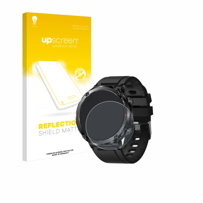 Parte frontal de un envase de producto con el logotipo de la marca upscreen. Al lado se muestra el dispositivo LIGE Smartwatch