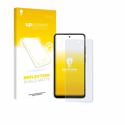 Parte frontal de un envase de producto con el logotipo de la marca upscreen. Al lado se muestra el dispositivo Motorola Moto G