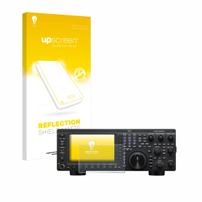 Parte frontal de un envase de producto con el logotipo de la marca upscreen. Al lado se muestra el dispositivo Kenwood TS-890S