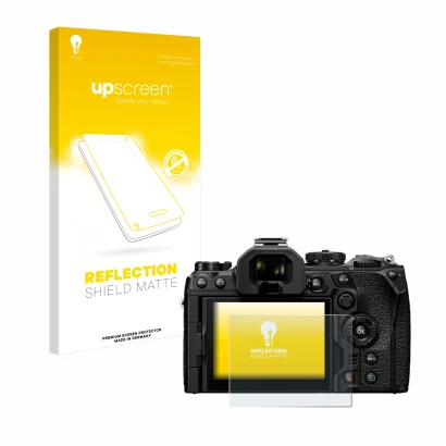 Parte frontal de un envase de producto con el logotipo de la marca upscreen. Al lado se muestra el dispositivo Olympus OM Syst