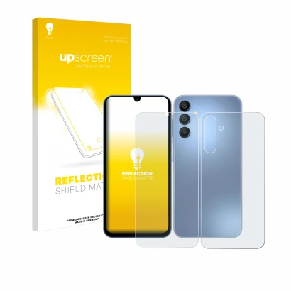 Parte frontal de un envase de producto con el logotipo de la marca upscreen. Al lado se muestra el dispositivo Samsung Galaxy