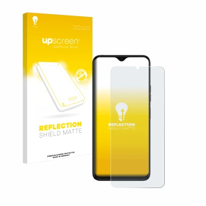 Parte frontal de un envase de producto con el logotipo de la marca upscreen. Al lado se muestra el dispositivo Tecno Spark 10