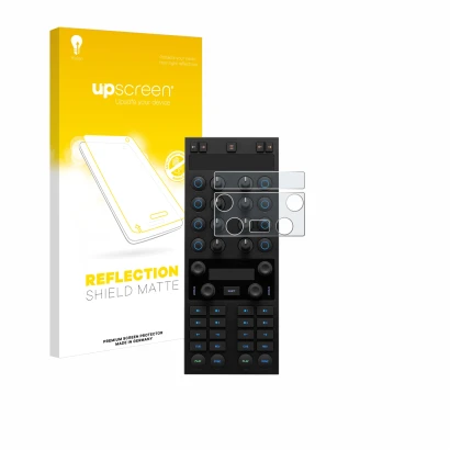 Parte frontal de un envase de producto con el logotipo de la marca upscreen. Al lado se muestra el dispositivo Native Instrume