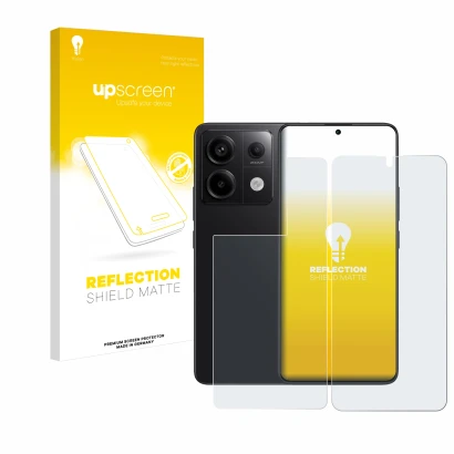 Parte frontal de un envase de producto con el logotipo de la marca upscreen. Al lado se muestra el dispositivo Xiaomi Redmi No