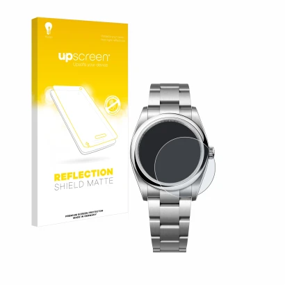 Parte frontal de un envase de producto con el logotipo de la marca upscreen. Al lado se muestra el dispositivo Rolex Oyster Pe