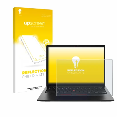 Parte frontal de un envase de producto con el logotipo de la marca upscreen. Al lado se muestra el dispositivo Lenovo ThinkPad