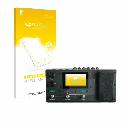 Parte frontal de un envase de producto con el logotipo de la marca upscreen. Al lado se muestra el dispositivo Headrush MX5 co