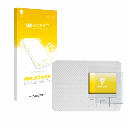 Parte frontal de un envase de producto con el logotipo de la marca upscreen. Al lado se muestra el dispositivo Canon Selphy CP