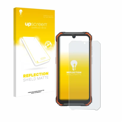 Parte frontal de un envase de producto con el logotipo de la marca upscreen. Al lado se muestra el dispositivo Blackview BV720