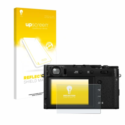 Parte frontal de un envase de producto con el logotipo de la marca upscreen. Al lado se muestra el dispositivo Fujifilm X100VI