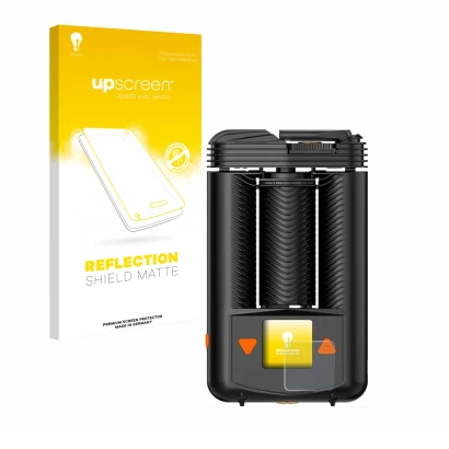 Parte frontal de un envase de producto con el logotipo de la marca upscreen. Al lado se muestra el dispositivo Storz & Bickel