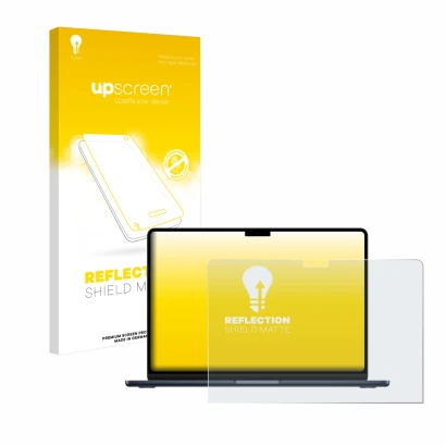 Parte frontal de un envase de producto con el logotipo de la marca upscreen. Al lado se muestra el dispositivo Apple MacBook A