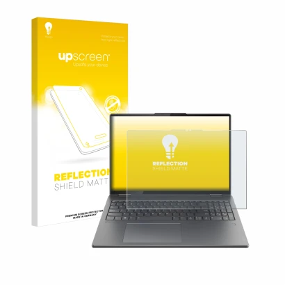 Parte frontal de un envase de producto con el logotipo de la marca upscreen. Al lado se muestra el dispositivo Lenovo Yoga 7i 