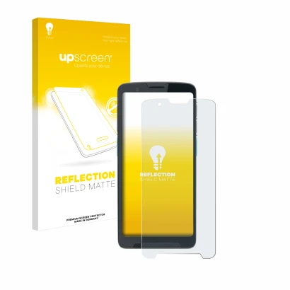Parte frontal de un envase de producto con el logotipo de la marca upscreen. Al lado se muestra el dispositivo Unitech EA660 c