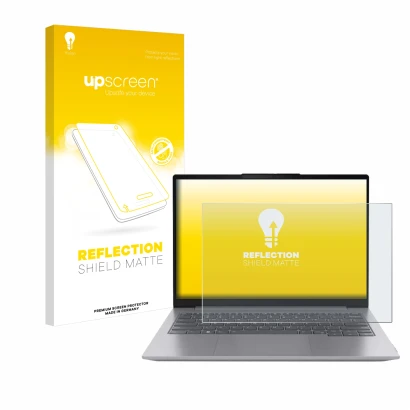 Parte frontal de un envase de producto con el logotipo de la marca upscreen. Al lado se muestra el dispositivo Lenovo ThinkBoo