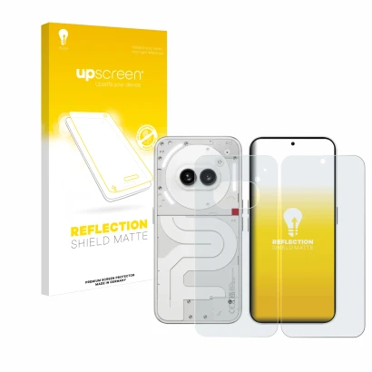 Parte frontal de un envase de producto con el logotipo de la marca upscreen. Al lado se muestra el dispositivo Nothing Phone (