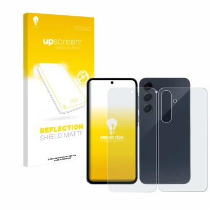 Parte frontal de un envase de producto con el logotipo de la marca upscreen. Al lado se muestra el dispositivo Samsung Galaxy