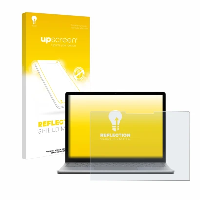 Parte frontal de un envase de producto con el logotipo de la marca upscreen. Al lado se muestra el dispositivo Microsoft Surfa