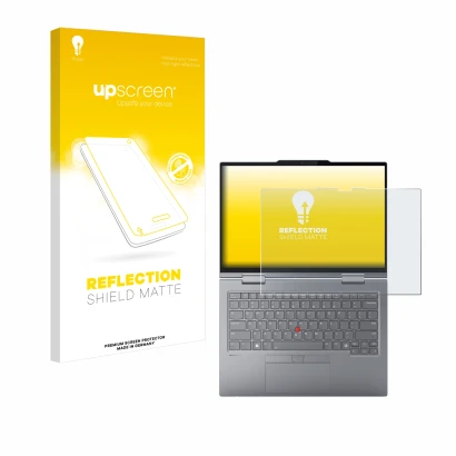 Parte frontal de un envase de producto con el logotipo de la marca upscreen. Al lado se muestra el dispositivo Lenovo ThinkPad