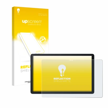Parte frontal de un envase de producto con el logotipo de la marca upscreen. Al lado se muestra el dispositivo Blackview MEGA
