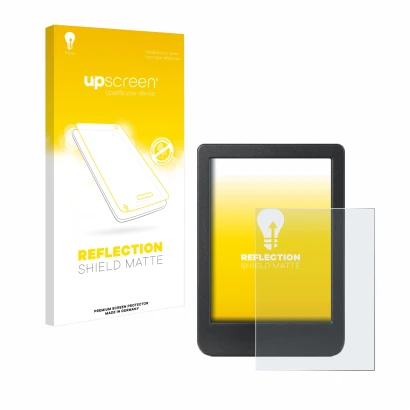 Parte frontal de un envase de producto con el logotipo de la marca upscreen. Al lado se muestra el dispositivo Kobo Clara Colo