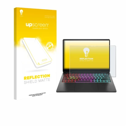 Parte frontal de un envase de producto con el logotipo de la marca upscreen. Al lado se muestra el dispositivo HP Omen Transce