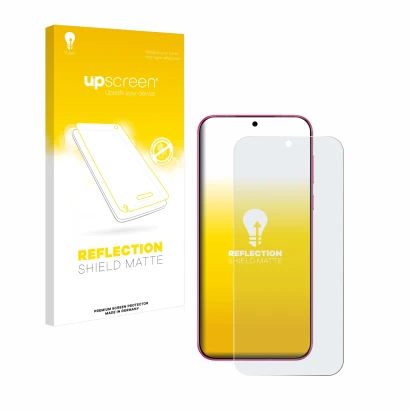 Parte frontal de un envase de producto con el logotipo de la marca upscreen. Al lado se muestra el dispositivo Huawei Pura 70 