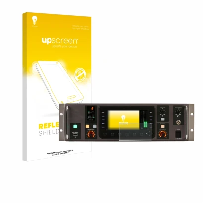 Parte frontal de un envase de producto con el logotipo de la marca upscreen. Al lado se muestra el dispositivo Behringer X32 R