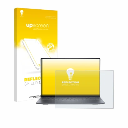 Parte frontal de un envase de producto con el logotipo de la marca upscreen. Al lado se muestra el dispositivo Dell Latitude 9
