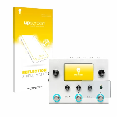 Parte frontal de un envase de producto con el logotipo de la marca upscreen. Al lado se muestra el dispositivo Hotone Ampero I