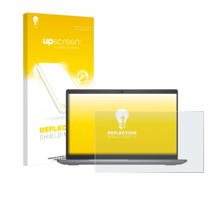 Parte frontal de un envase de producto con el logotipo de la marca upscreen. Al lado se muestra el dispositivo Dell Latitude 5