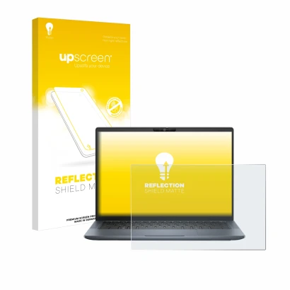Parte frontal de un envase de producto con el logotipo de la marca upscreen. Al lado se muestra el dispositivo Dell Latitude 7