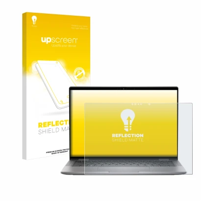 Parte frontal de un envase de producto con el logotipo de la marca upscreen. Al lado se muestra el dispositivo Dell Latitude 7