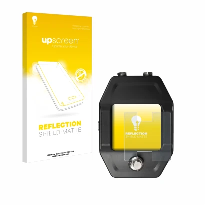 Parte frontal de un envase de producto con el logotipo de la marca upscreen. Al lado se muestra el dispositivo Shure GLXD16+ c