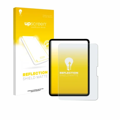 Parte frontal de un envase de producto con el logotipo de la marca upscreen. Al lado se muestra el dispositivo Apple iPad Pro 