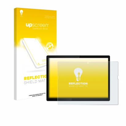 Parte frontal de un envase de producto con el logotipo de la marca upscreen. Al lado se muestra el dispositivo Lenovo ThinkPad