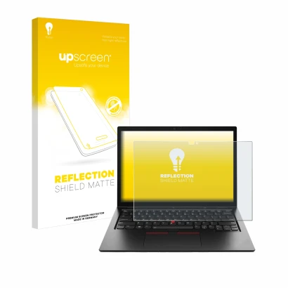 Parte frontal de un envase de producto con el logotipo de la marca upscreen. Al lado se muestra el dispositivo Lenovo ThinkPad