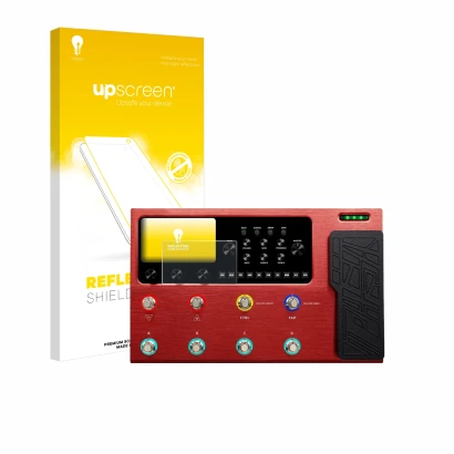 Parte frontal de un envase de producto con el logotipo de la marca upscreen. Al lado se muestra el dispositivo Valeton GP-200R
