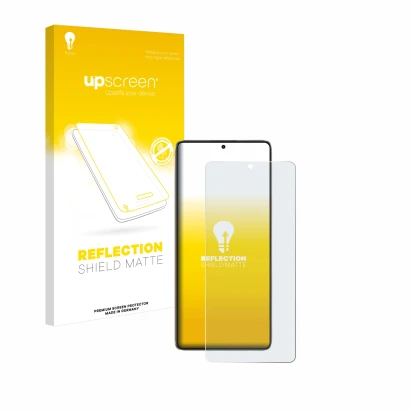 Parte frontal de un envase de producto con el logotipo de la marca upscreen. Al lado se muestra el dispositivo Xiaomi Poco F6